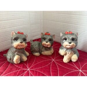Homco Miniature Dog Figurines Yorkie Yorkshire Terrier Set of 3 Red Bows